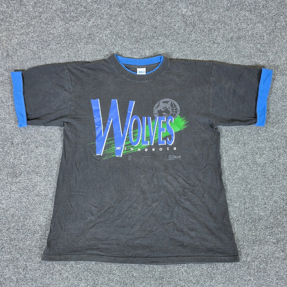 Rare 90s VTG Salem Sportswear Minnesota Timberwolves NBA Ringer T-Shirt XL Black